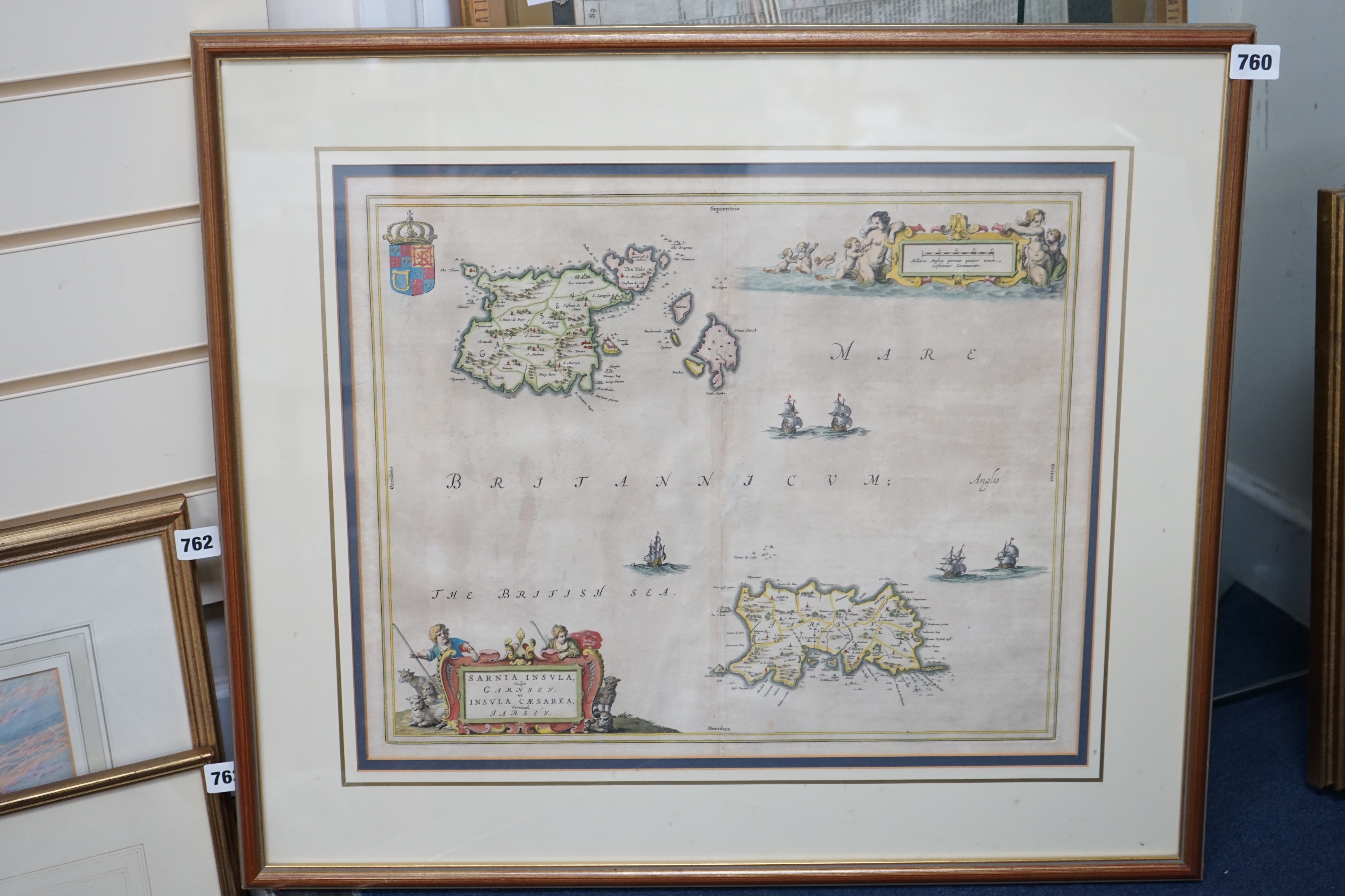 Willem Jansz Blaeu (1571-1638) CHANNEL ISLANDS - 17th century hand-coloured engraved map - ‘’Sarnia Insula vulgo Guernsey et Insula Caesarea vernacule Jarsey’’, circa 1645, 40 x 50cm